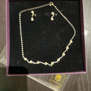 Silver and Pearl earrings and necklace with rhinestones